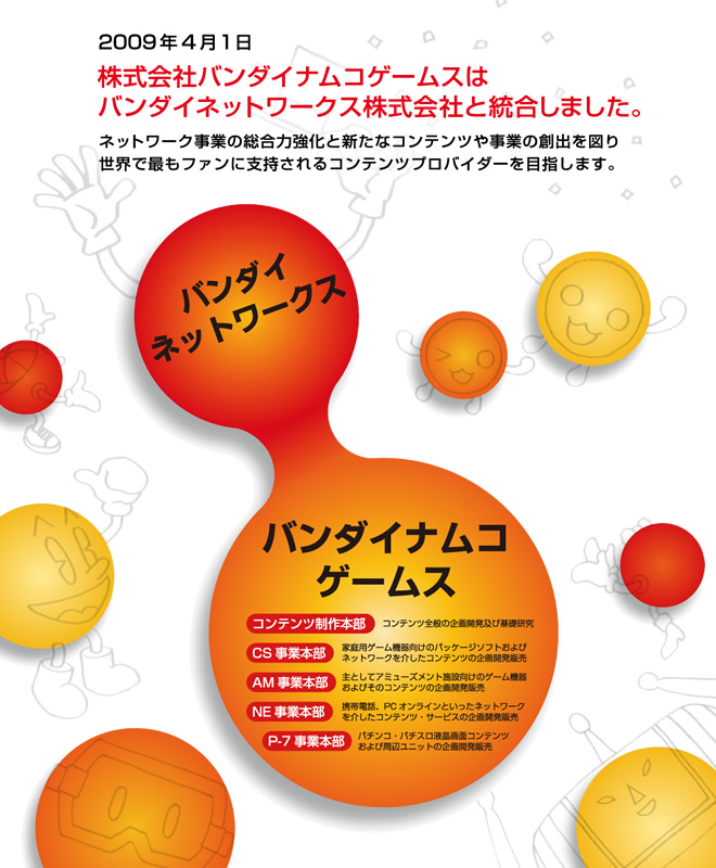 2009年4月1日　株式会社バンダイナムコゲームスはバンダイネットワークス株式会社と統合しました。