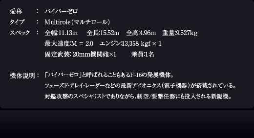 ΡХѡ סMultiroleʥޥ ڥå11.13m  Ĺ15.52m ⡧4.96m ̡9.527kg ®١M = 2.0 󥸥13,358 kgf  1 20mmˤ1  1̾
֥ХѡפȸƤФ뤳Ȥ⤢F-16ȯŸΡեɡ쥤졼ʤɤκǿԥ˥ŻҵˤܤƤ롣дϹΥڥꥹȤǤʤ顢/׷Ǥ̳ˤ뿷Ե