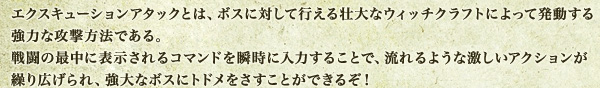 エクスキューションアタックとは、ボスに対して行える壮大なウィッチクラフトによって発動する強力な攻撃方法である。