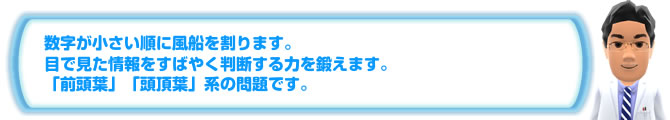 数字が小さい順に風船を割ります。目で見た情報をすばやく判断する力を鍛えます。「前頭葉」「頭頂葉」系の問題です。