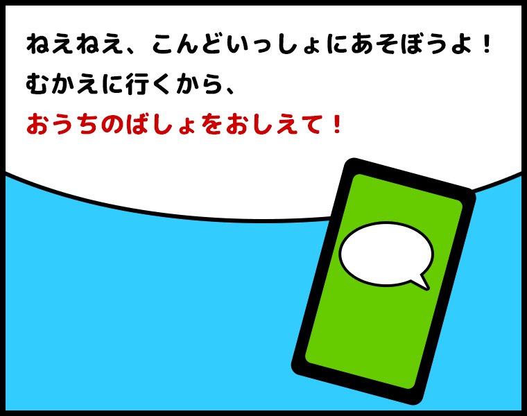 ①「ねえねえ、こんどいっしょにあそぼうよ！むかえに行くから、おうちのばしょをおしえて！」