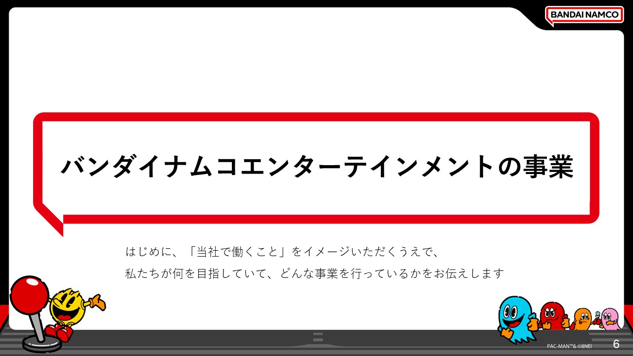 バンダイナムコエンターテインメントの事業について、働くことのイメージを持ってもらうために、同社が目指していることや具体的な事業内容を紹介する章の導入。