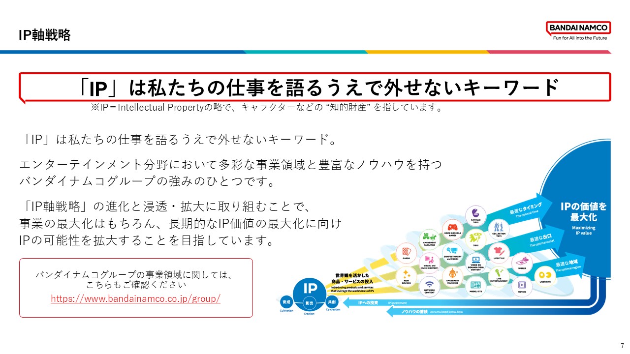 「IP」は仕事を語るうえで欠かせないキーワードであり、キャラクターなどの知的財産を軸に、多様な事業領域とノウハウを生かして価値を広げていく考えを示している。IP軸戦略を通じて、事業成長と長期的なIP価値の最大化を目指している。