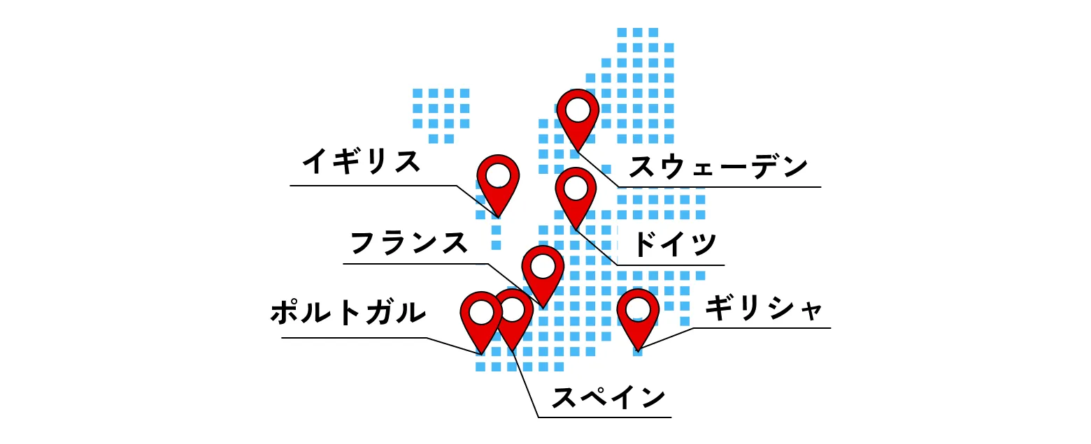 イギリス、フランス、ポルトガル、スペイン、スウェーデン、ドイツ、ギリシャ